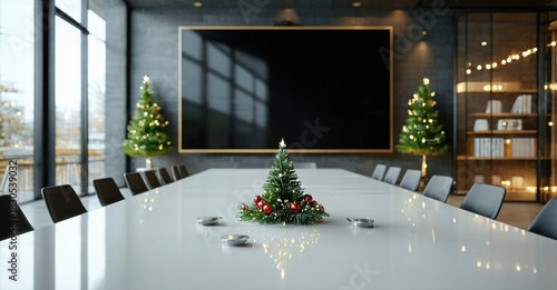 Modern conference room decorated for holidays. Long table dominates space, flanked by chairs, trees, large screen. Minimalist design.