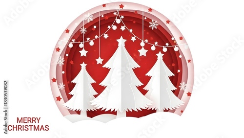 Festive holiday scene with white Christmas trees, snow, and red background.