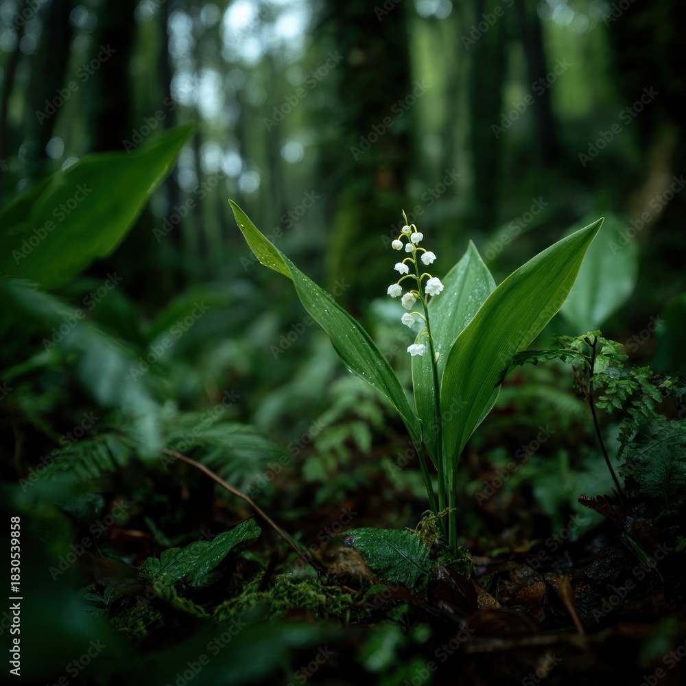 Obraz premium Lily of the valley in a lush forest environment