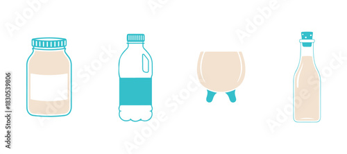 Dairy Drink and Farm Product Icon Set – Flat Vector Illustration Featuring Milk Jar and Bottle Symbols

