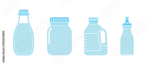 Milk Jar and Bottle Icon Collection – Symbols for Dairy Drinks, Farm Products, and Beverages, Flat Vector Art

