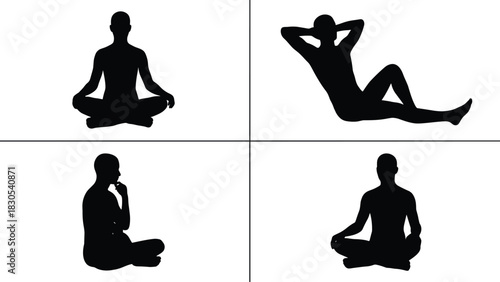 Black Silhouettes of People in Seated and Reclining Poses – Meditation, Relaxation, Thinking, Mindfulness – Lifestyle, Mental Wellness Concept