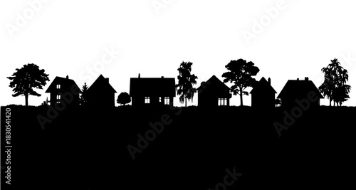 Black silhouette skyline of a quiet, rural village or suburban neighborhood featuring various houses and surrounding trees on the horizon. 