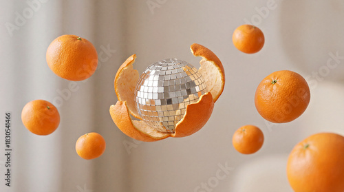 Floating Oranges and Disco Ball: Surreal Orange Peel Art with a Retro Twist. Winter, Christmas or New Year Concept