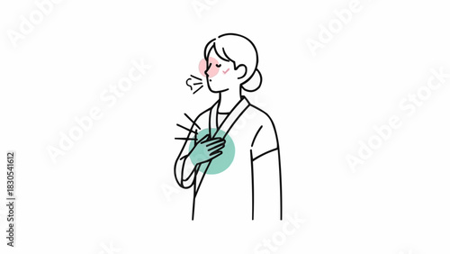 深呼吸の練習をする人のミニマリスト線画、ストレス解消と健康な肺の健康のためのマインドフルな呼吸のポーズのイラスト