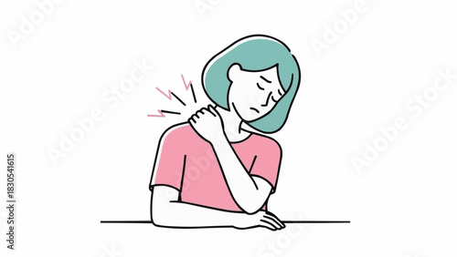 ノートパソコンで作業中に首と肩に痛みを感じるミニマリストの線画の女性、人間工学に基づいた姿勢の不快感のイラスト