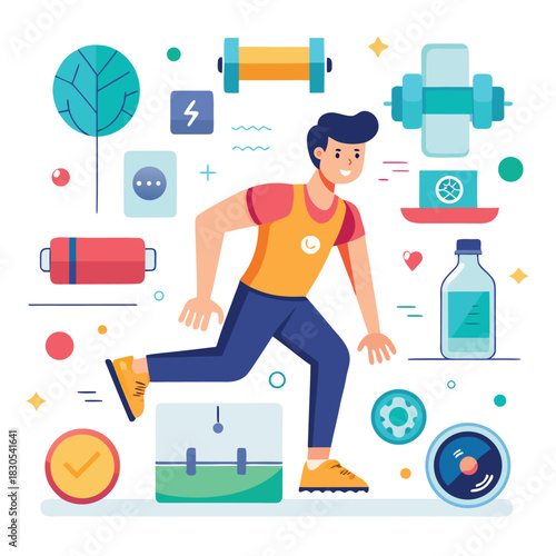 “Dynamic vector illustration of a woman lifting dumbbells in a gym, bold shapes, vibrant colors, motivational fitness theme, modern graphic style.”