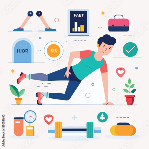 Fitness infographic showing different home workout exercises, such as push-ups, squats, planks, and jumping jacks, modern vector layout, clear icons, clean labels, white background.”
