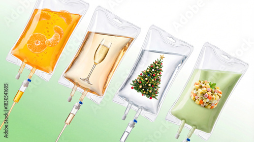 Creative IV Therapy Bags with Orange Juice, Champagne, Christmas Tree, and Salad Art. Winter, Christmas and New Year concept