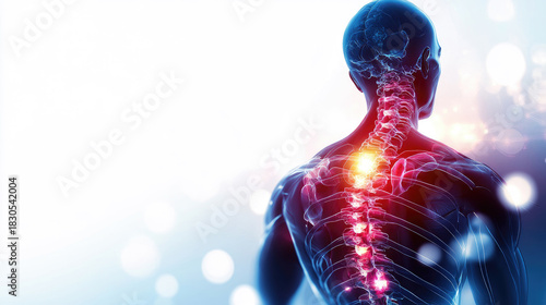Human body shown in profile, with the spine and nervous system glowing blue and red highlights indicating areas of pain or inflammation, representing backache,osteoporosis disc protrusion. Copy space
