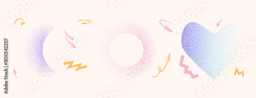 Pastel colors grain gradient heart, moon shapes. Y2k retro stippling crescent, ring forms set. Heart, round halo icons on beige background. Vector pink, blue and purple dissolved illustration isolated