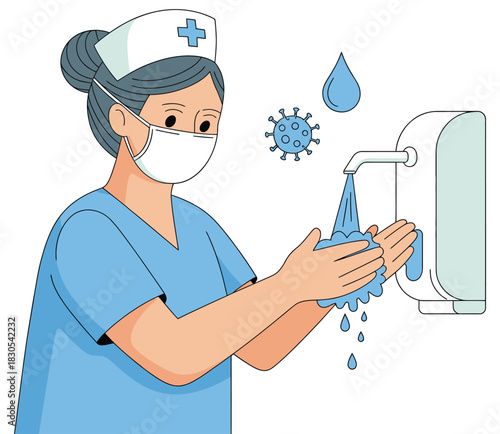 A female nurse in a medical uniform and face mask washing her hands with soap, demonstrating proper hygiene techniques to prevent virus transmission, healthcare contamination
