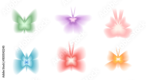 Colorful y2k butterflies icons with gradient blur and vivid aura effect. Pink, green, and purple insect symbols for summer design. Vector set of minimal butterfly shapes isolated on white background.