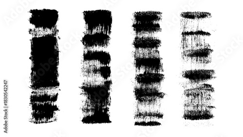 Grunge ink brush paint stokes. Brayer black punk rock lines. Thick paint rolled stripe stamps urban street wall set. Vector smear stain labels no background. Ragged rectangle paintbrush figure.
