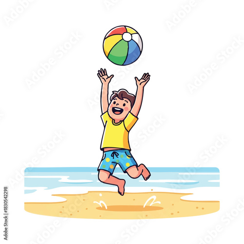 Cartoon boy jumping to hit a colorful beach ball on a sunny beach with blue ocean waves and sandy shore.