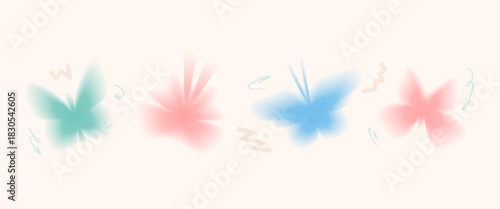 Y2K grain gradient butterfly icons. Dot gradation airbrush flying spray illustration for decoration graphic backgrounds. Vector vintage aesthetic grainy butterflies aura figures with sand dust texture