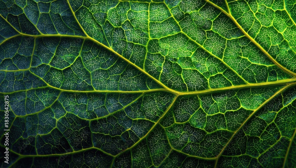 Fototapeta premium Detailed macro view of a vibrant green leaf, showcasing intricate vein structure and texture
