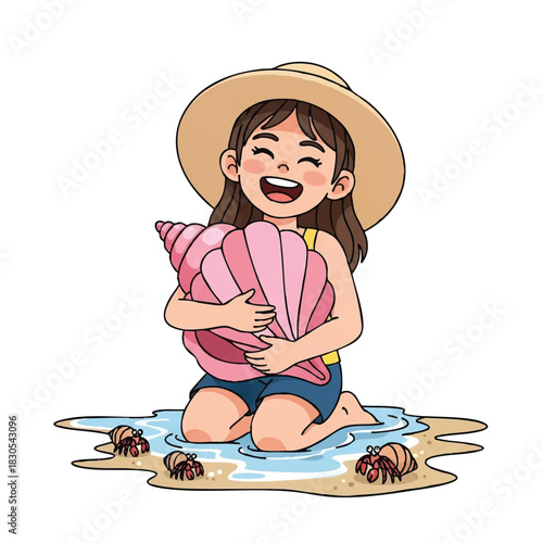 Cartoon illustration of a happy young girl in a swimsuit and sunhat holding a large pink seashell on a sandy beach with water and seashells, conveying a joyful summer mood.