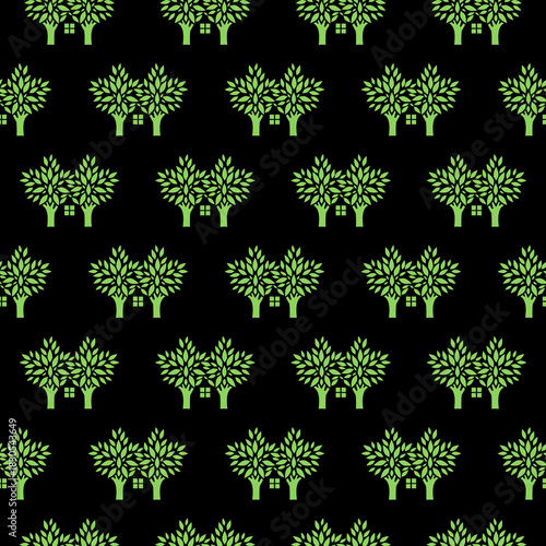 Tree making house shape seamless pattern isolated on black background