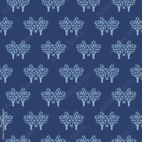 Tree making house shape seamless pattern isolated on color background