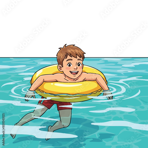 A smiling young boy wearing red swim trunks plays with a yellow inflatable ring in a pool with clear blue water.