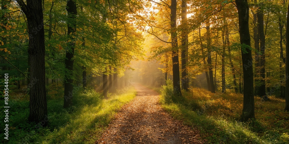 Obraz premium Summer forest scene with vibrant green foliage and colorful autumn leaves, emphasizing seasonal transition, Earth Day