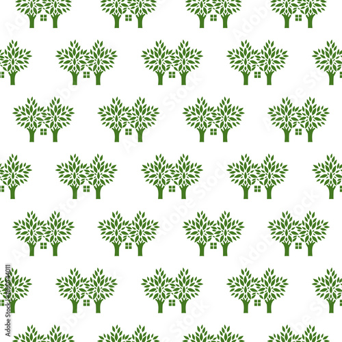Tree making house shape seamless pattern isolated on white background