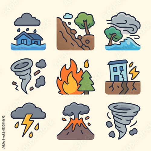 Natural Disaster Icon Set, Flood, Landslide, Storm, Tornado, Wildfire, Earthquake, Volcano Eruptions, Lightning