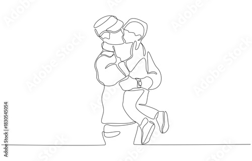 Continuous one line drawing of soldier father holding his son after returning home from mission, reunion from deployment concept, single line art