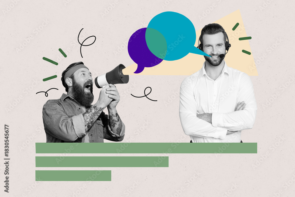 Obraz premium Trend design 3D collage of young man operator headphones customer support service guy talk loudspeaker chat dialog communication speech