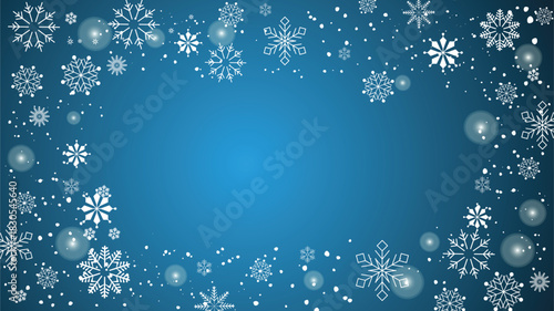 Blue gradient background with random snowflakes around the rectangle vector stock illustration