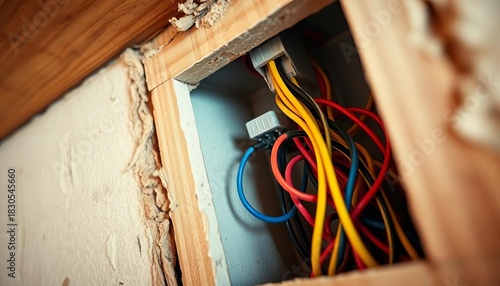 Close-up of electrical wiring in a wall cavity,   upgrade,   maintenance