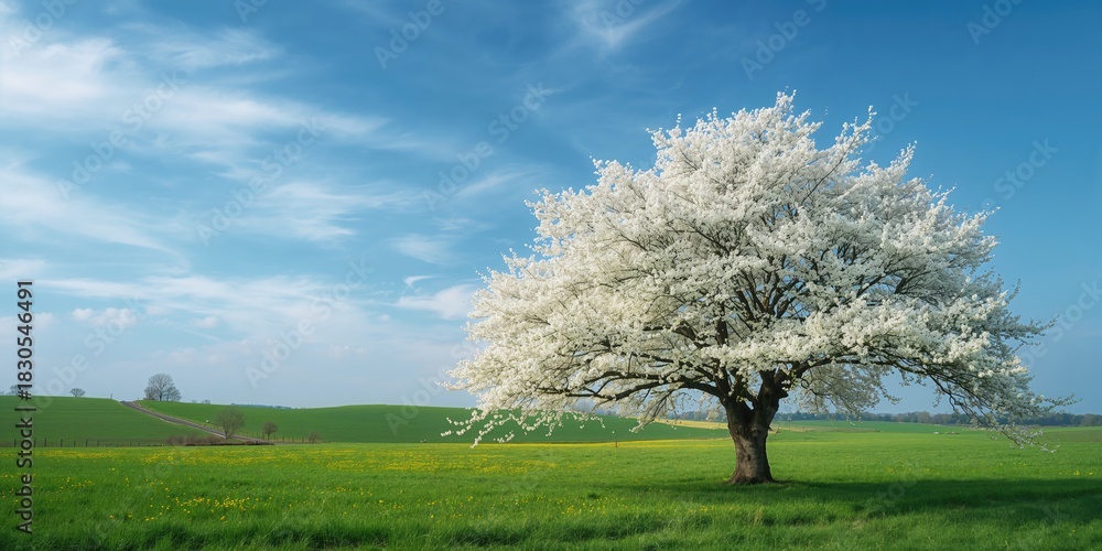 Fototapeta premium Flowering cherry trees in Latin Prunus cerasus with vibrant sky, seasonal bloom and landscape background