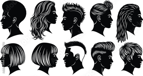 Silhouette, hairstyle, afro, dreadlocks, mohawk, bob cut, pompadour, braids, side profile, diversity, texture, black and white, illustration, edgy, modern, creative, fashion, hair d