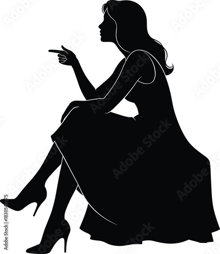 Silhouette, seated woman, long dress, high heels, pointing gesture, wavy hair, posture, elegance, black and white, minimal, contrast, illustration, fashion, feminine, stylish, expressive, dramatic,