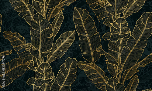 Lush tropical banana leaves with elegant gold line art on a dark, textured background.