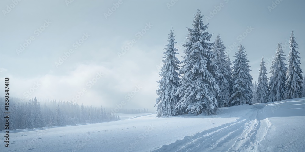 Fototapeta premium Snow-covered evergreen wood against cloudy sky, emphasizing seasonal change and winter landscape, Earth Day