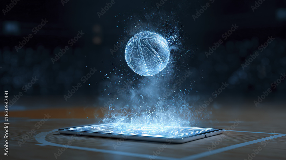 Obraz premium Abstract Basketball Sphere Above Digital Court Projection on Tablet