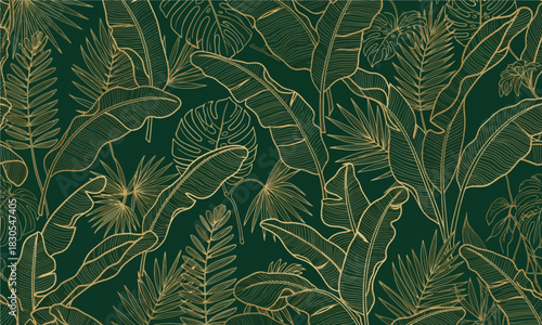 A dark green background with a repeating pattern of stylized tropical leaves in a golden outline.