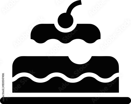 Simple black silhouette icon of a two tiered cake with cherry on top