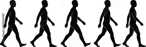 Silhouette, walking, human motion, gait cycle, biomechanics, profile view, black and white, sequence, animation reference, movement, step phases, illustration, minimal, contrast, expressive, dynamic, 
