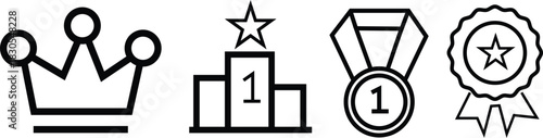 achievement award icons collection with crown podium medal and badge line art illustration