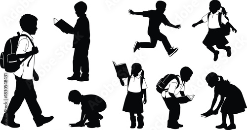 Children silhouette, reading, walking, crouching, jumping, playful kids, educational activity, black vector, sc