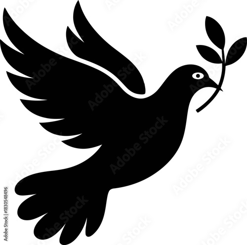 Black silhouette of a dove with an olive branch in its beak