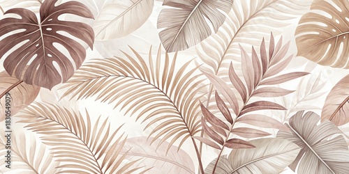 Watercolor tropical leaves seamless pattern, earthy tones design