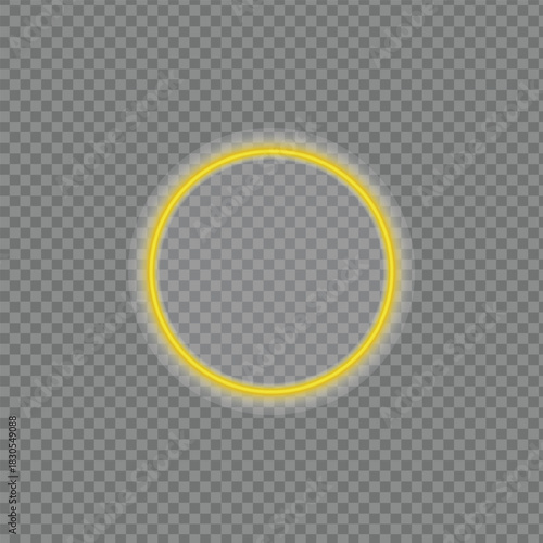 Bright Neon Ring Light Effect Vector Isolated on Grid Background. Glowing Yellow Neon Circle Frame.