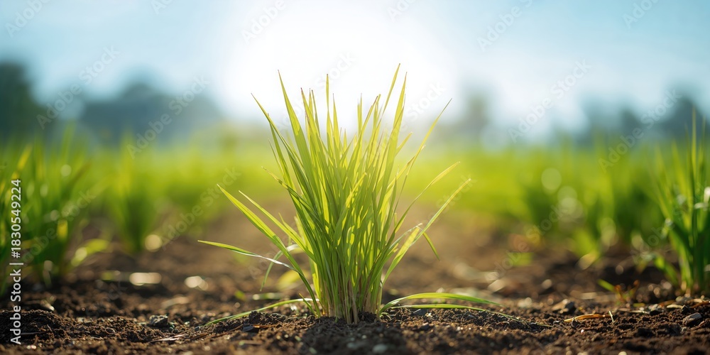 Naklejka premium Riceberry rice seedlings in Thailand, emphasizing agricultural cultivation practices