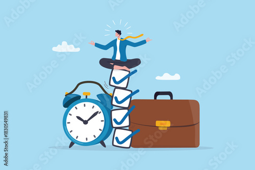 Reliability to finish mission, discipline responsibility, patient or routine for work accomplishment, mindset or motivation to success, businessman meditate on finish checklist with alarm clock.