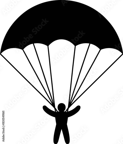 Black silhouette of a skydiver with an open parachute descending