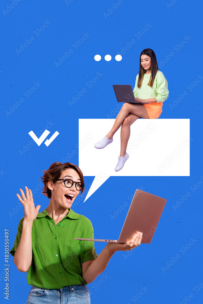 Obraz premium Trend artwork template design collage sketch of video call two young lady chatting dialog conversation speech sticker quote hello gesture